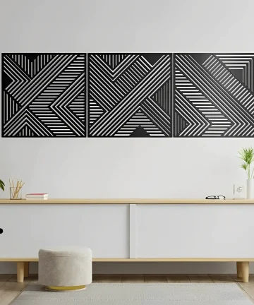 Geometric Lines Panel Set of 3 Wooden Wall Art Decor