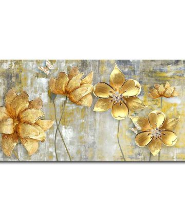 Premium Canvas Wall Painting of Golden Abstract Flowers in Big Panoramic Design