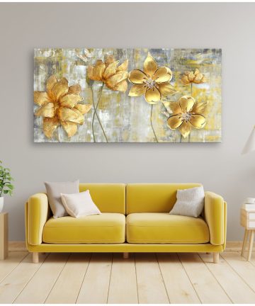 Premium Canvas Wall Painting of Golden Abstract Flowers in Big Panoramic Design