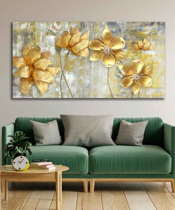 Premium Canvas Wall Painting of Golden Abstract Flowers in Big Panoramic Design