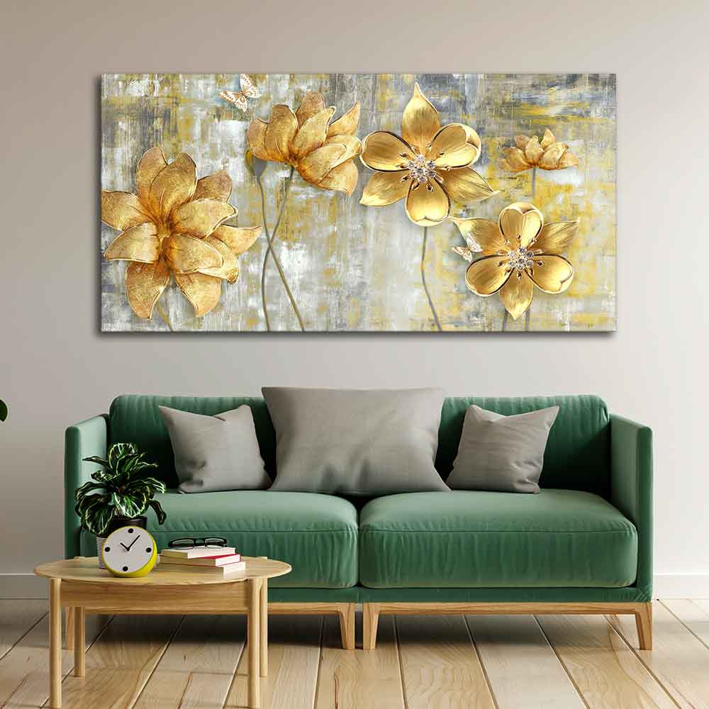 Premium Canvas Wall Painting of Golden Abstract Flowers in Big Panoramic Design