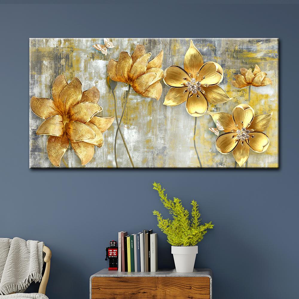 Premium Canvas Wall Painting of Golden Abstract Flowers