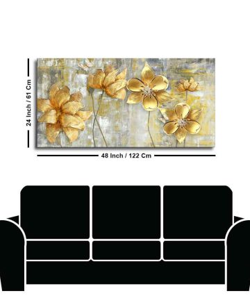 Premium Canvas Wall Painting of Golden Abstract Flowers in Big Panoramic Design