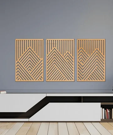 Mountain Wall Art Panels Set of 3 Geometric Wooden Art